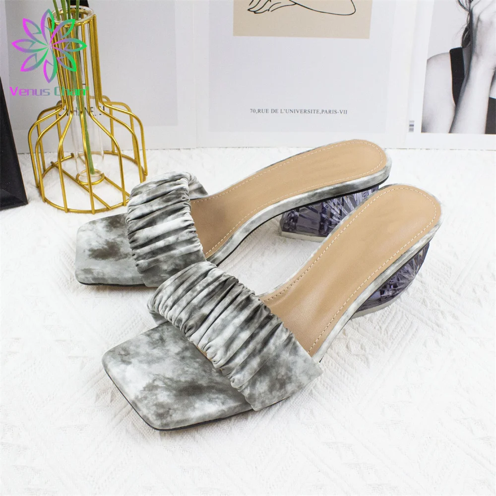 

Multi 2021 Summer PU Leather Braided Thin High Heel Sandals Slides Women Party Shoes Cross Wove Folds Mules Sexy Slippers 41