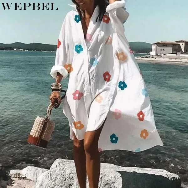 

WEPBEL Dress Summer Fashion Printed Loose Beach Dress Women's Casual Long Sleeve V-neck Slit Irregular Dress