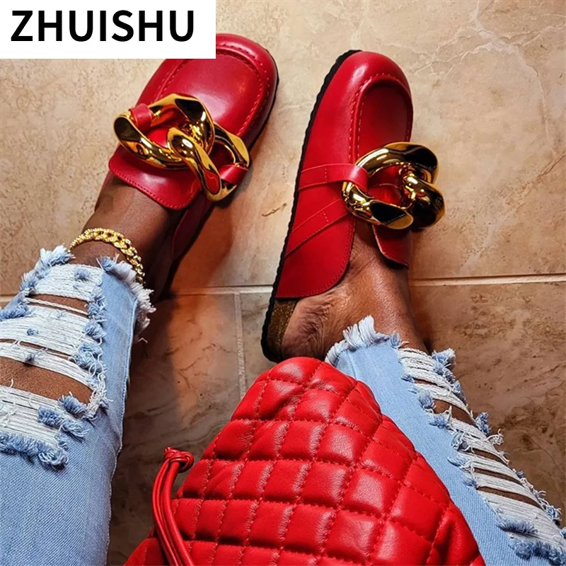 

Platform Chain Half Slippers 2021 Summer New Fashion Baotou Casual Women's Shoes Comfortable PU Leather Outdoor Women Slippers