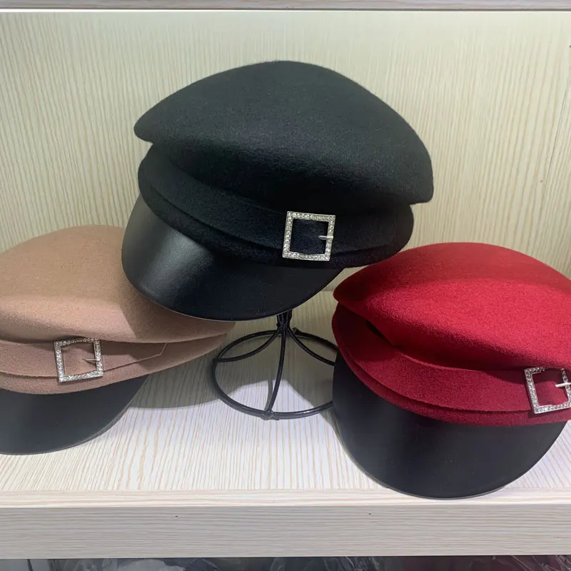 

Новинка, корейские модные шерстяные шляпы Стразы для женщин, уличная Женская восьмиугольная шляпа с козырьком и косточками