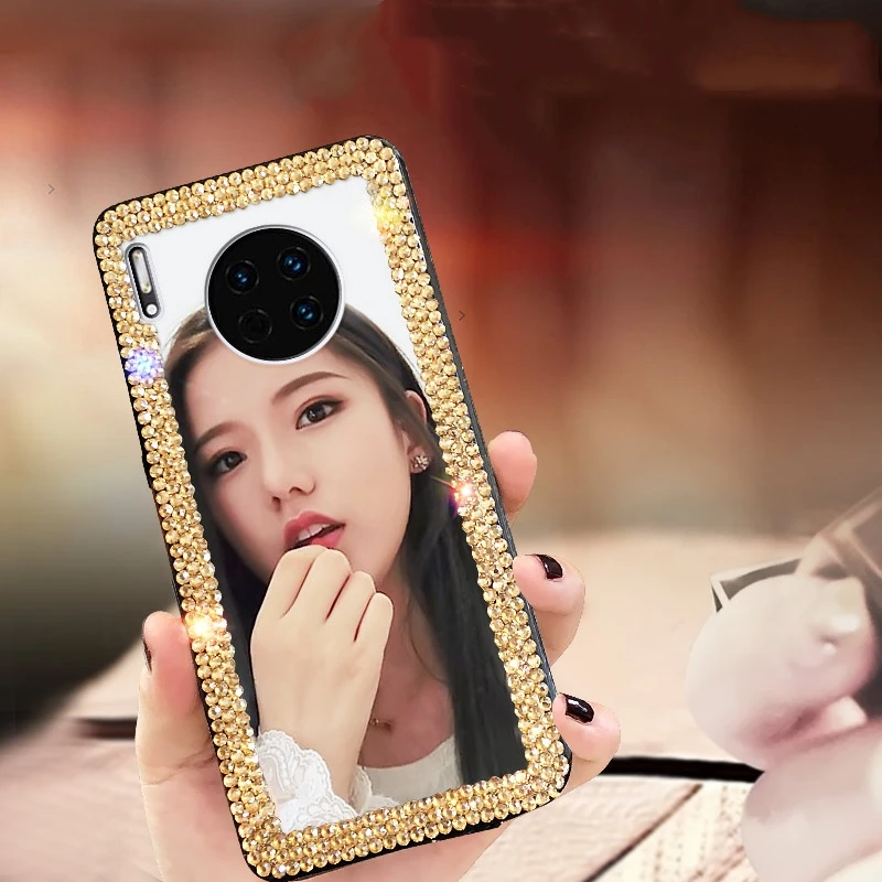 Phone Case For Huawei P30 Pro Mate 30 Real Mirror Glossy Diamond Rhinestones Ring Stand Cover Crystal Wrist Strap Accessories |