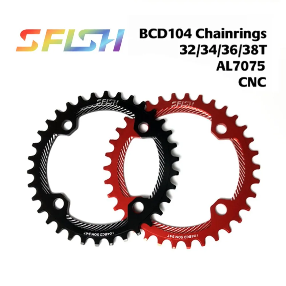

SFISH Bike Chainring 32/34/36/38T MTB Bicycle Chainring 104BCD Mountain Bike Narrow Wide Chainwheel Chain Ring Black/Red