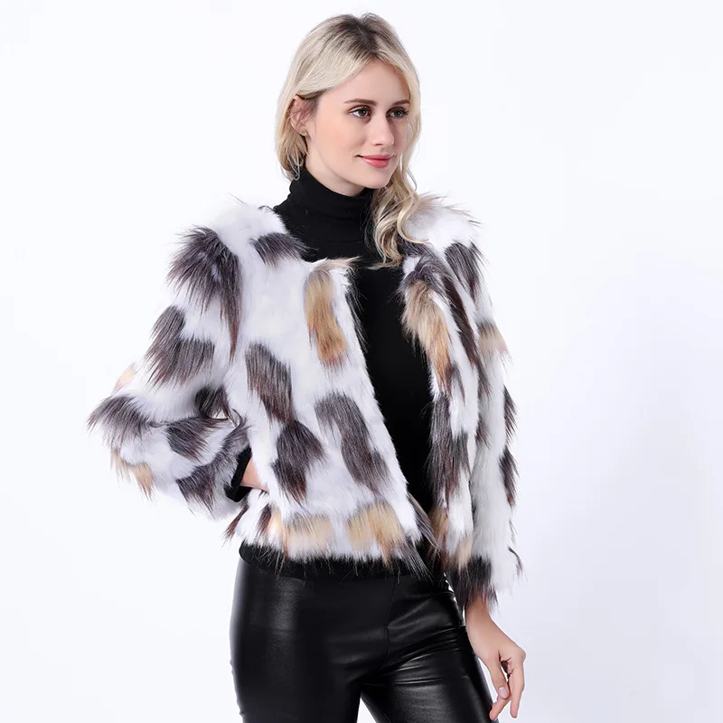 

2021 New Fashion Women Winter Luxurious Fur Coat Eegant Thick Warm Winter Long Sleeve Faux Fur Cropped Jacket Mixed Color