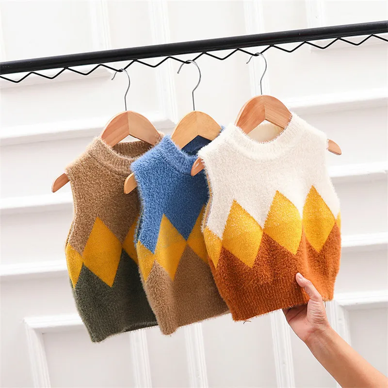 Клетчатые модные вязаные свитера для детей от 1 до 4 лет осенне зимняя детская