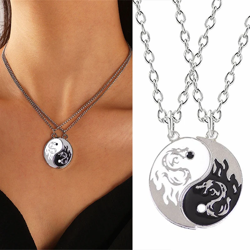 

2Pcs/Set Couple Tai Chi Dragon Yin Yang Pendant Necklaces Men Women Simple Black White Alloy Taiji Charm Choker Necklaces Gift