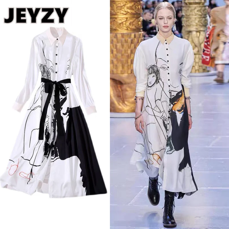 

Jeyzy runway designer shirt midi dress long sleeve spring autumn white ink paintting printed women plus size large 2xl dresses