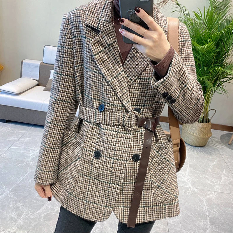 

Luck A 2020 Spring Women's Blazers Sashes Jackets Notched Outerwear England Style OL Vintage Plaid Blazer Woolen Coat