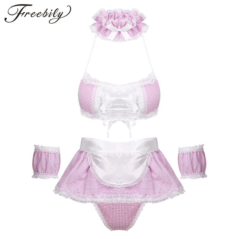 

Womens Erotic Cosplay Costume Role Play Lingerie Set Ruffle Plaid Babydoll Lace-up Bra G-string Apron Sexy Schoolgirls Clubwear