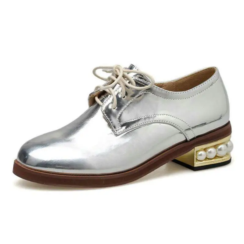 Gold Silver Women Shoes Vintage British Wind Round Head Lace-up Pearl Thick Heel Patent Leather Women's Single Shoes