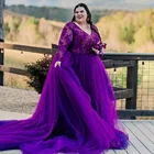 Женское кружевное свадебное платье, фиолетовое винтажное вечернее платье с длинным шлейфом, элегантное платье-трапеция большого размера