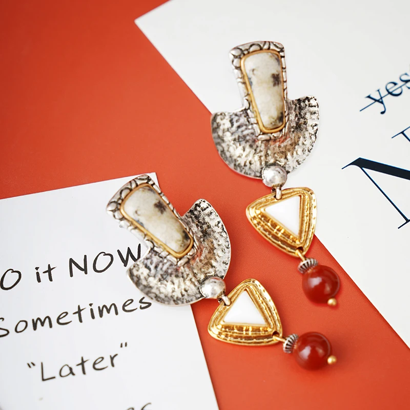 

Vintage Women Geometric Statement Stud Earrings Chic Stone insert Pendant Earrings 2 Tone Metal Earrings Pendientes