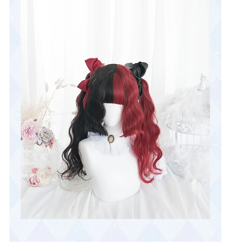 

Red Black Lolita Harajuku Girls Fashion Party Hair Wave Long Hair Wome Daliy life Wig No headwears Heat resistent Fiber
