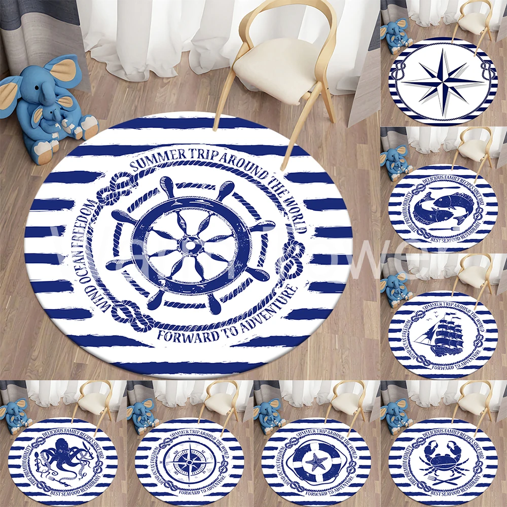 

Nautical Round Rug Living Room Children's Bedroom Carpet Kitchen Area Non-slip Crystal Velvet Carpet