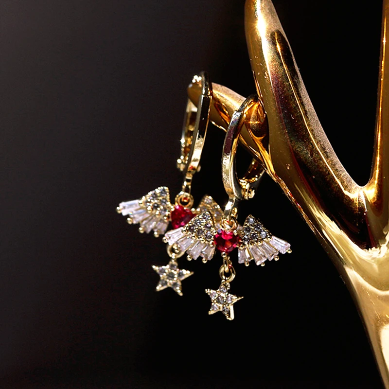 

New Popular Design 14K Real Gold Heart Wings Drop Earrings for Women Charm Jewelry S925 Silver Needle Shiny AAA Zircon Fine Gift