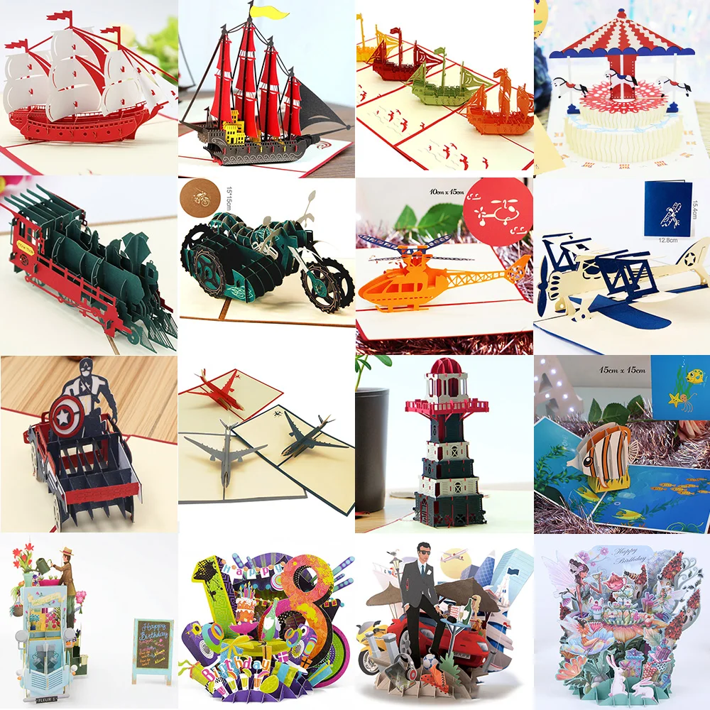 

3D Pop UP Happy Birthday Greeting Invitation Cards Laser Cut Boy Girl Kids Gift Card Thank You Cards Vehicle Miniatures Postcard