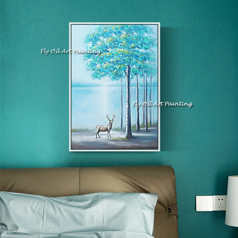 

Modern Minimalist Art Animal Poster Deer Tree Blue Green 100% Handmade Oil Painting Nordic Style Home Decoration Wall Paintingn