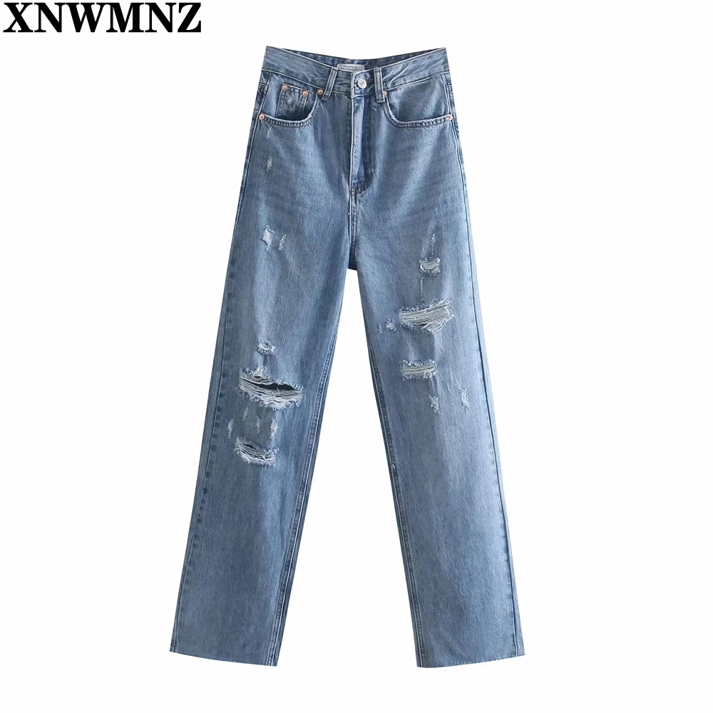 

XNWMNZ 90S Wome Fashion wide-leg Ripped Jeans Female Chic high-waisted pockts button zip fly full-length denim jeans Lady pants