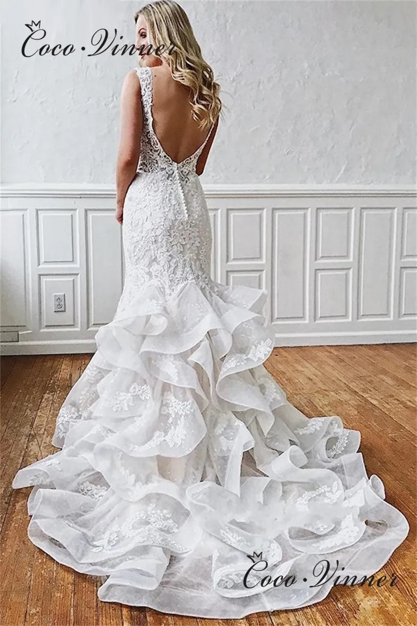 

W0659 Sexy Backless V Neck Wedding Dress Mermaid 2020 New Tiered Train Lace Embroidery Custom Made Wedding Gowns China