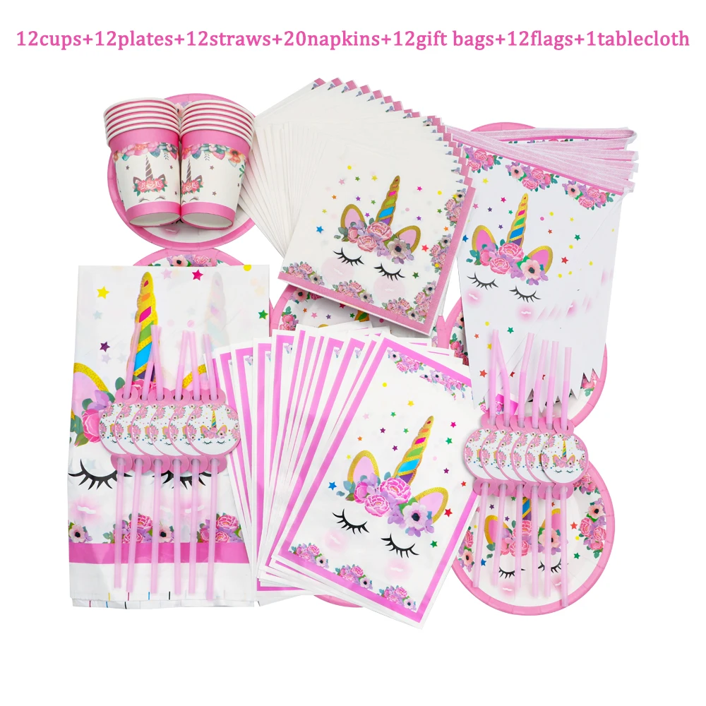 

81Pcs Rainbow Unicorn Birthday Party Decoration Baby Shower Plate Napkin Gift Bag Straws Flags Tablecloth Disposable Tableware