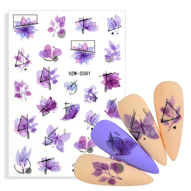 

2023 NEW Purple Embossed 3D Nail Stickers Blooming Flower Nail Art Sticker Decals Adhesive Manicure Nail Art Tips Decoration