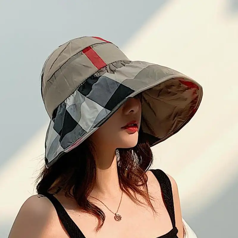 

Beach Cap Sun Bonnet Visor Empty Top Hat Female Summer Sunscreen Folding Big Sun Hat for Girl Hat Lovely Stripe Pattern Cap