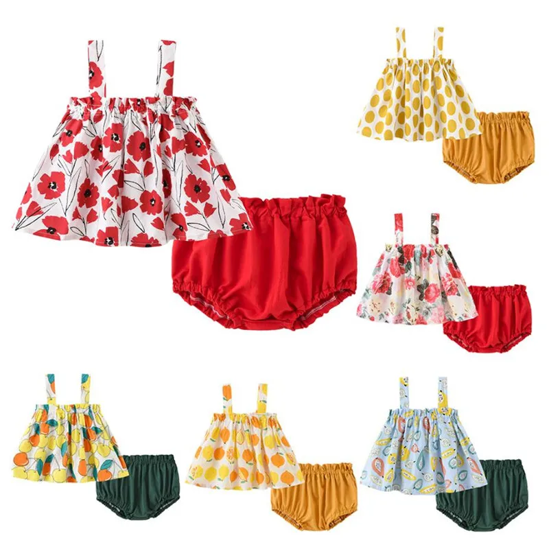 Cute 1-5Years Kid Newborn Baby Girls Floral Sleeveless Tank Tok + Mini Shorts Outfits 2pcs Lemon Print Clothing Set | Детская одежда и