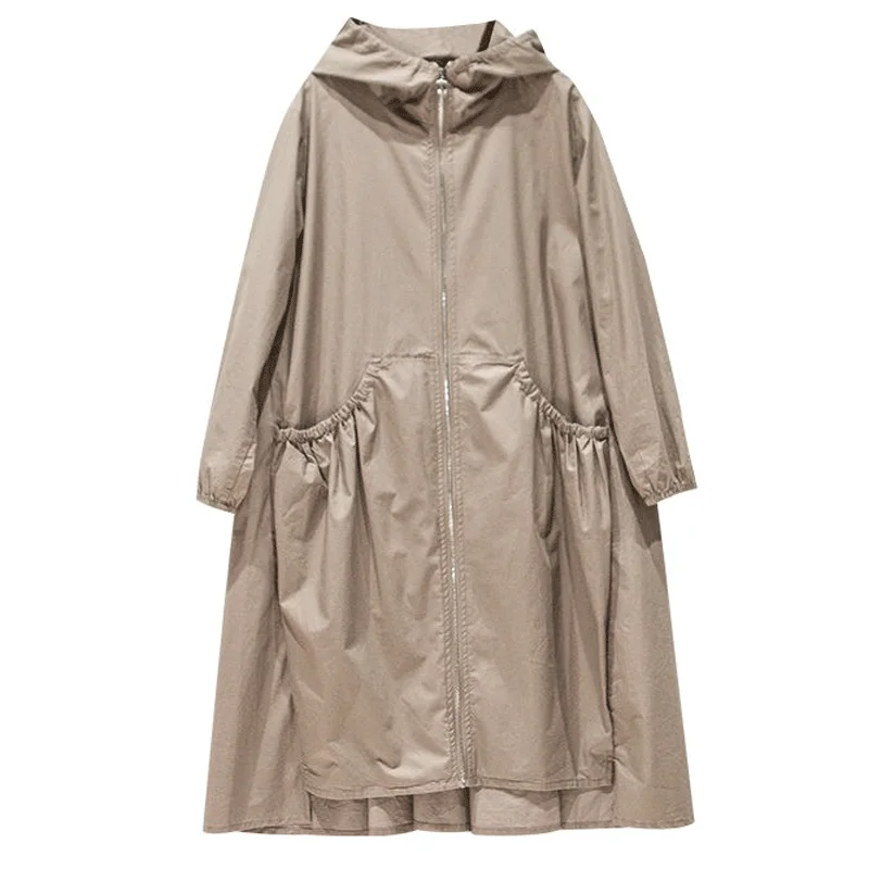 New Autumn Windbreaker Jacket Women Spring Thin Coat Korean Solid Casual Plus Size Coats 4XL Slim Black Hooded Long | Женская одежда