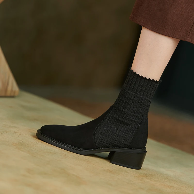 

2021 winter new retro style square toe short socks boots elastic boots casual all-match flat boots women