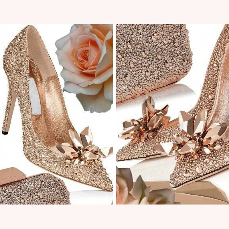 

Rose Gold Crystal Covered Pointy Toe Women Pumps Luxury Designer Rhinestone High Heels Wedding Shoes Cinderella Heel Shoes