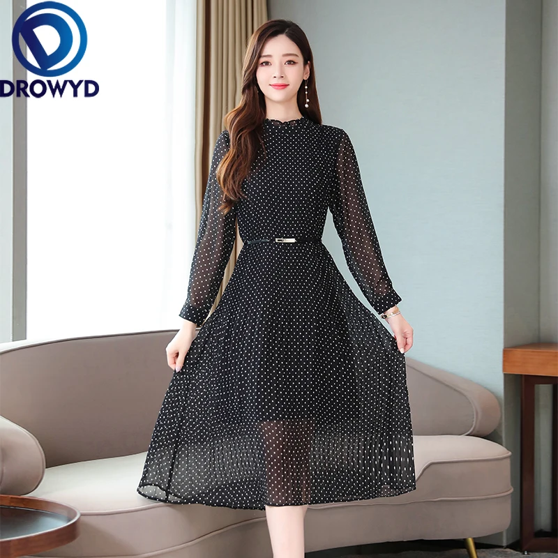 Осеннее платье миди в горошек для женщин повседневное Плиссированное розовое