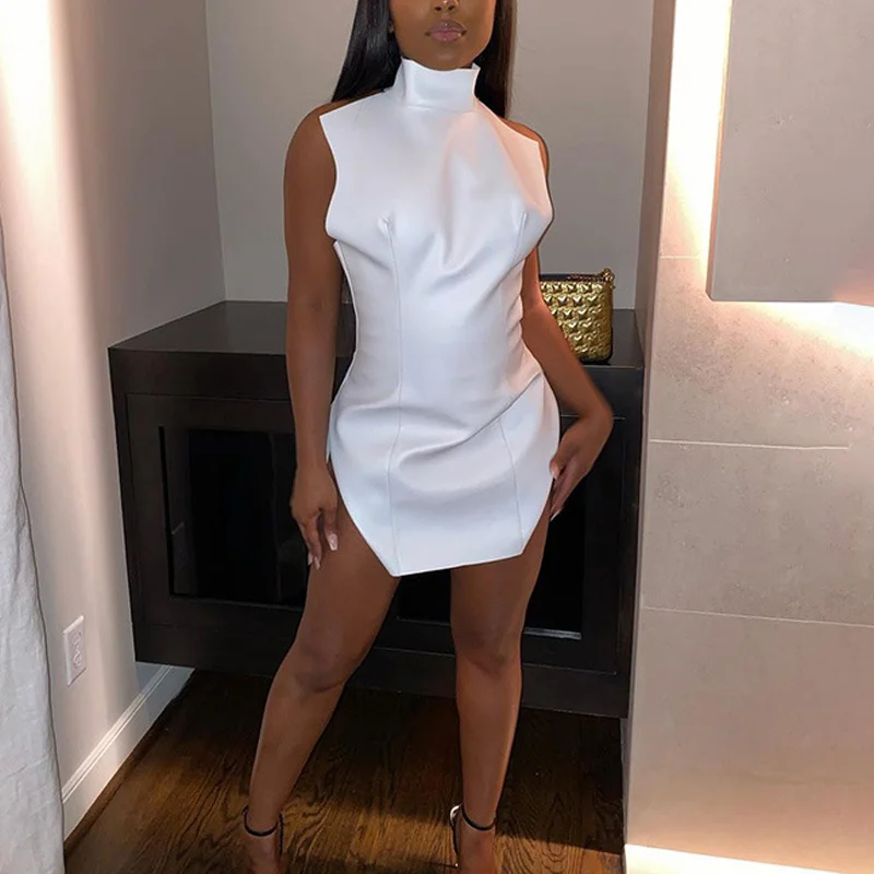 

New Women Pu Leather Dresses Slim Sexy 2021 Summer Split Bodycon Backless White Female Package Hip Mini Short Dress Streetwear