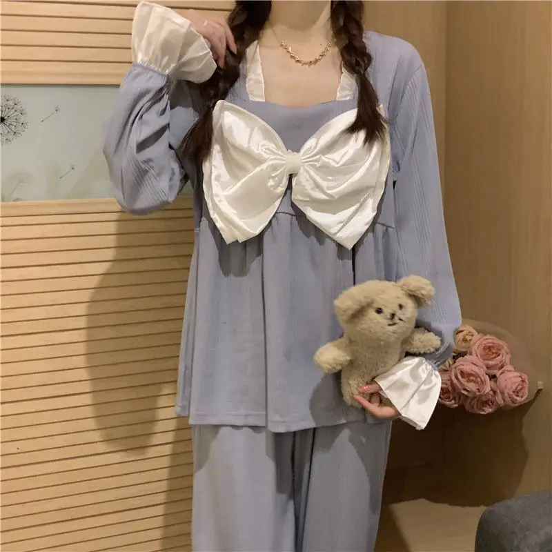 QWEEK Pajamas for Women Solid Color Square Collar Bow Pijamas Flared Sleeves Pyjamas Sleepwear Spring Autumn Home Clothes Cute
