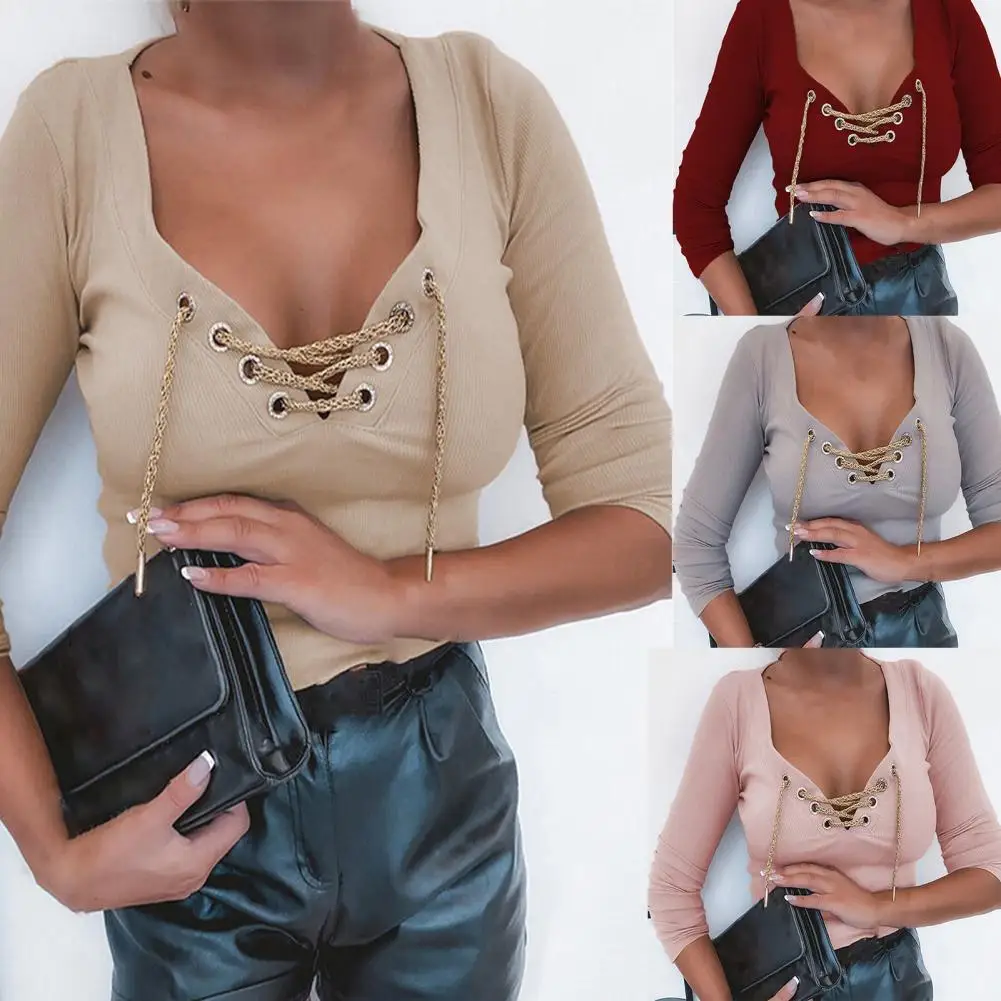 

Women Top Solid Color Deep V Neck Sexy Casual Autumn Shirt for Daily Wear