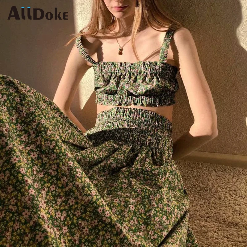 

ALLDOKE floral print ball gown skirt women summer high waist green casual vintage ladies maxi long skirts femme jupe longa