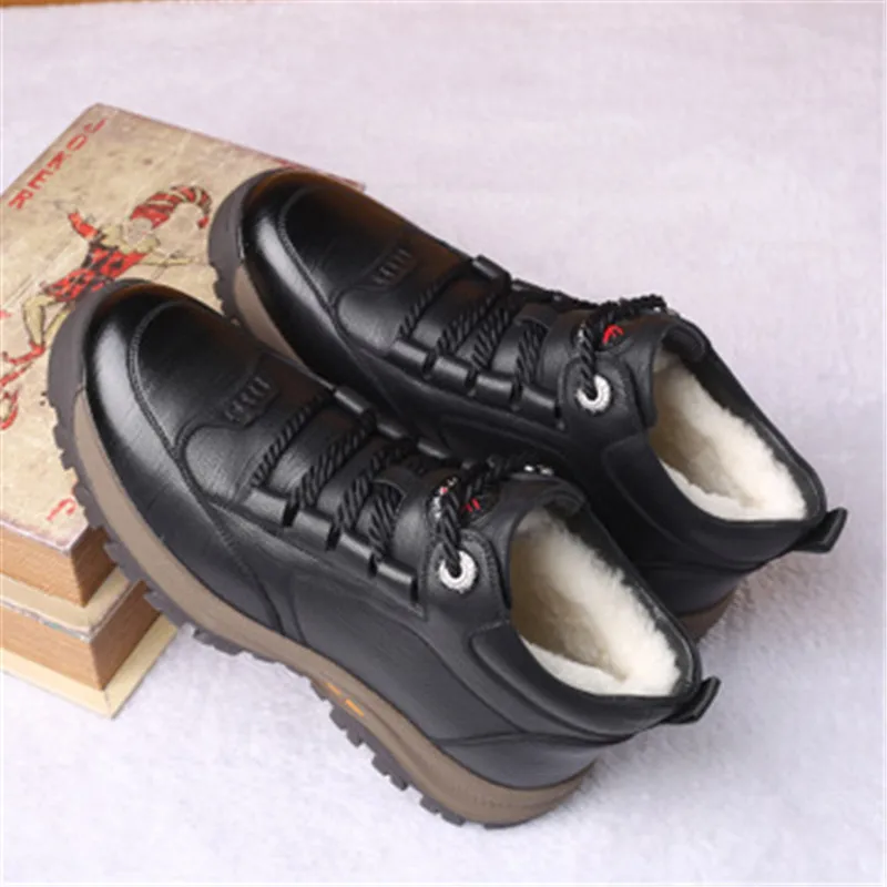 Мужские кожаные ботинки со шнуровкой Черные Теплые ботильоны с плюшевой
