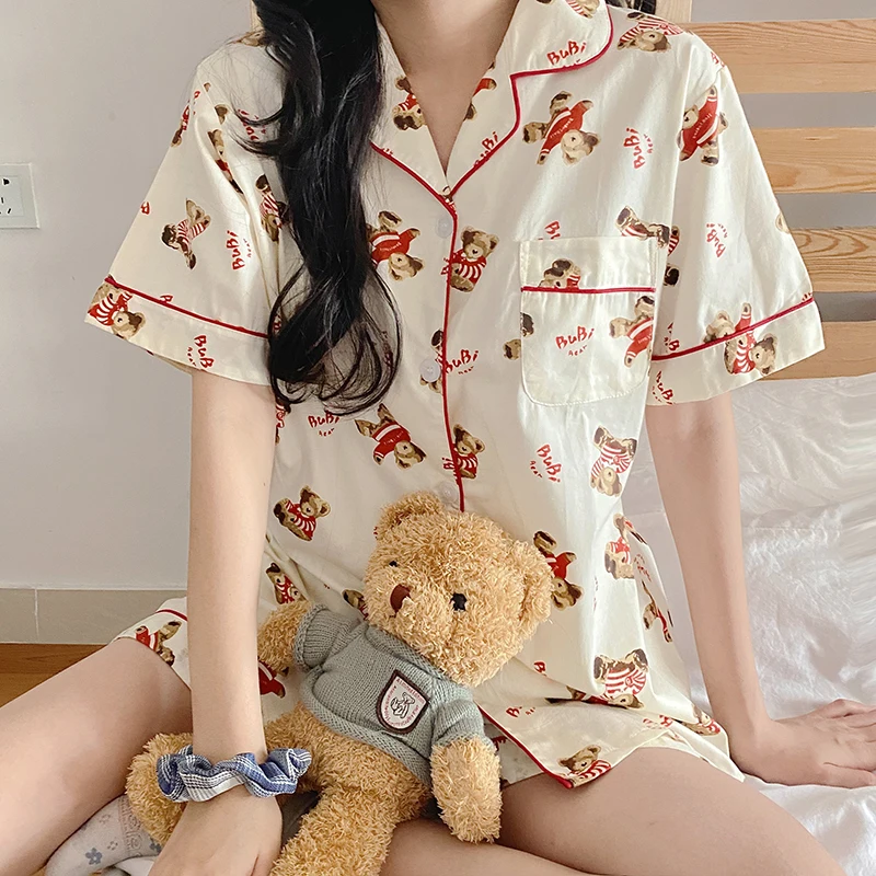 CAIYIER New Women Summer Pajamas Cute Girls Cartoon Bear Print Cotton Nightgown Suit South Korean Sweet Broken Flowers Sleepwear