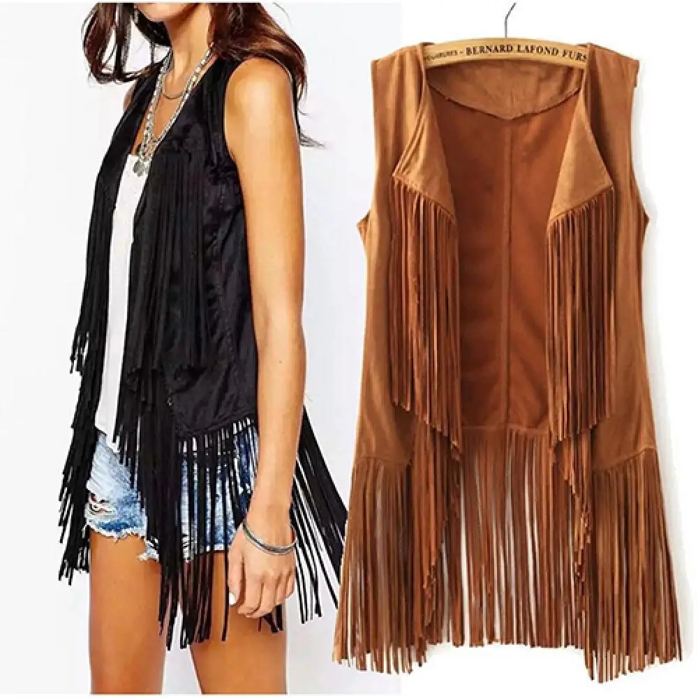 

Women Autumn Fashion Suedette Sleeveless Tassel Fringed Jacket Vest Waistcoat