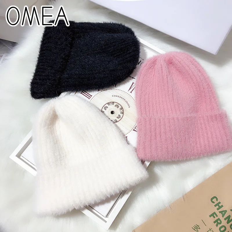Однотонная Вязаная Шапка бини OMEA для женщин зимние шапочки из кроличьего меха