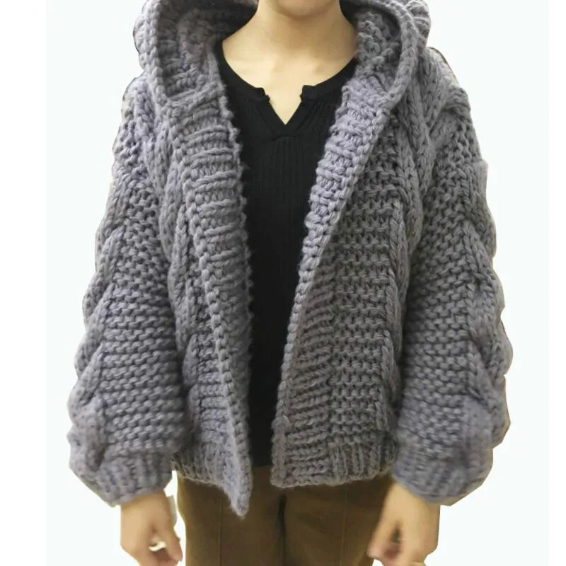 

Chic Thick Twist Knitted Hooded Cardigan Twist Flowers Hooded Sweater Coat Loose Crocheted Jacket Long Sleeve Weave Crop Tops