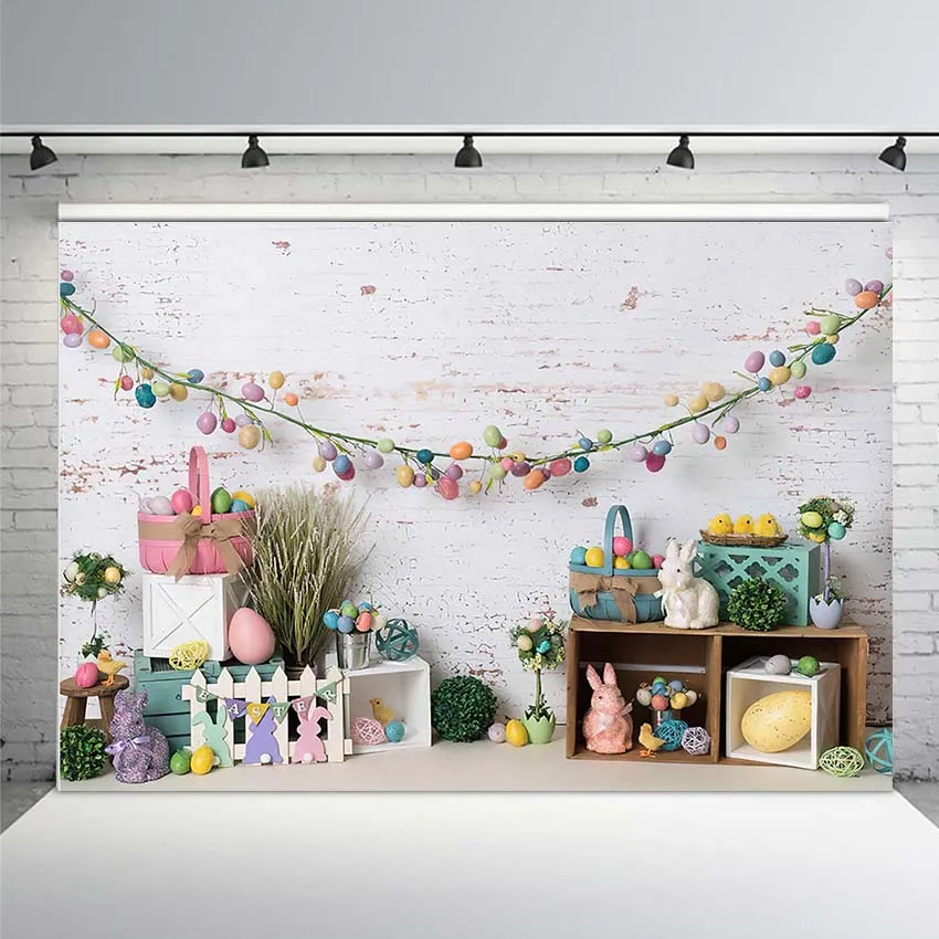 

Easter Eggs Backdrop Photocall Spring Easter Bunny Portrait Photography Background White Brick Wall Rabbit Birthday Photoshoot