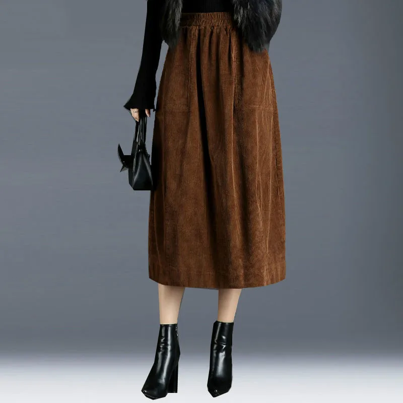 

2021 New Autumn Winter Solid Color Corduroy Skirt Women Vintage Middle Long Skirts Female Elastic Waist Skirt Y237