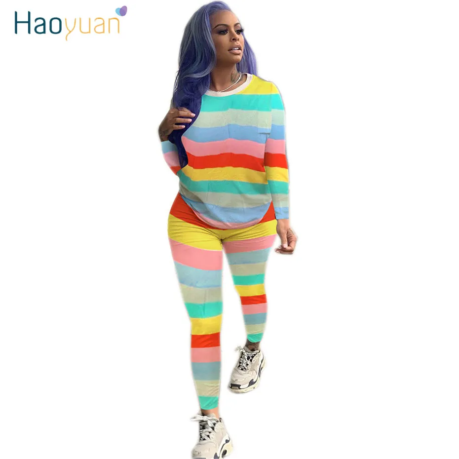 Rainbow yellow HAOYUAN комплект из двух предметов в радужную полоску размера плюс, спортивный костюм для женщин, сексуальный топ+ байкерские шорты, спортивные костюмы, комплекты из 2 предметов - Цвет: Rainbow yellow