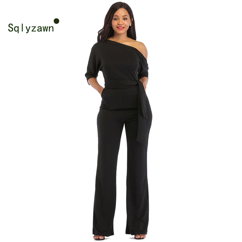 Женский белый комбинезон на одно плечо длинные широкие брюки однотонный с