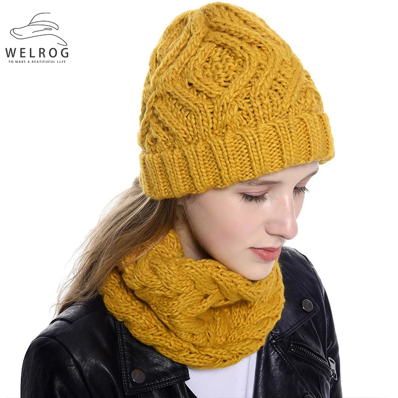 WELROG Winter Beanie Hat and Scarf Set for Women Autumn Casual Hat Ring Scarves Hat Knit Skullies Beanies Hats for Girls