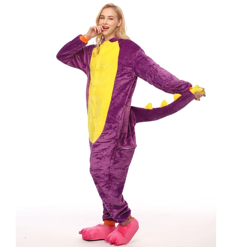 Cute Cartoon Kigurumi Purple Dragon Dinosaur Pajamas Long Sleeve Hooded Onesie Adult Women Animal Halloween Christmas Sleepwear