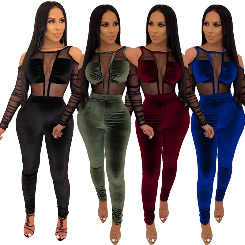 

Tmustobe Autumn Sexy Mesh Patchwork Velvet Jumpsuit Women Winter Long Sleeve Off Shoulder Romper Bodycon Party Overalls Female