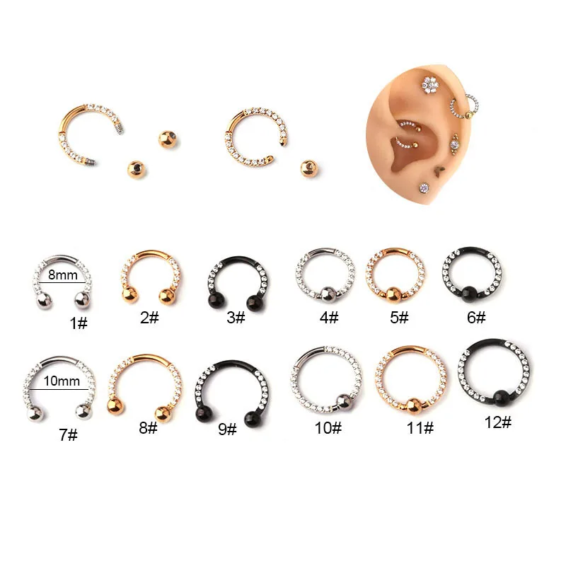 

New 1PC 316L Stainless Steel With Cz C-shape Hoop BCR Ear Nose Septum Piercing Helix Cartilage Conch Daith Ring