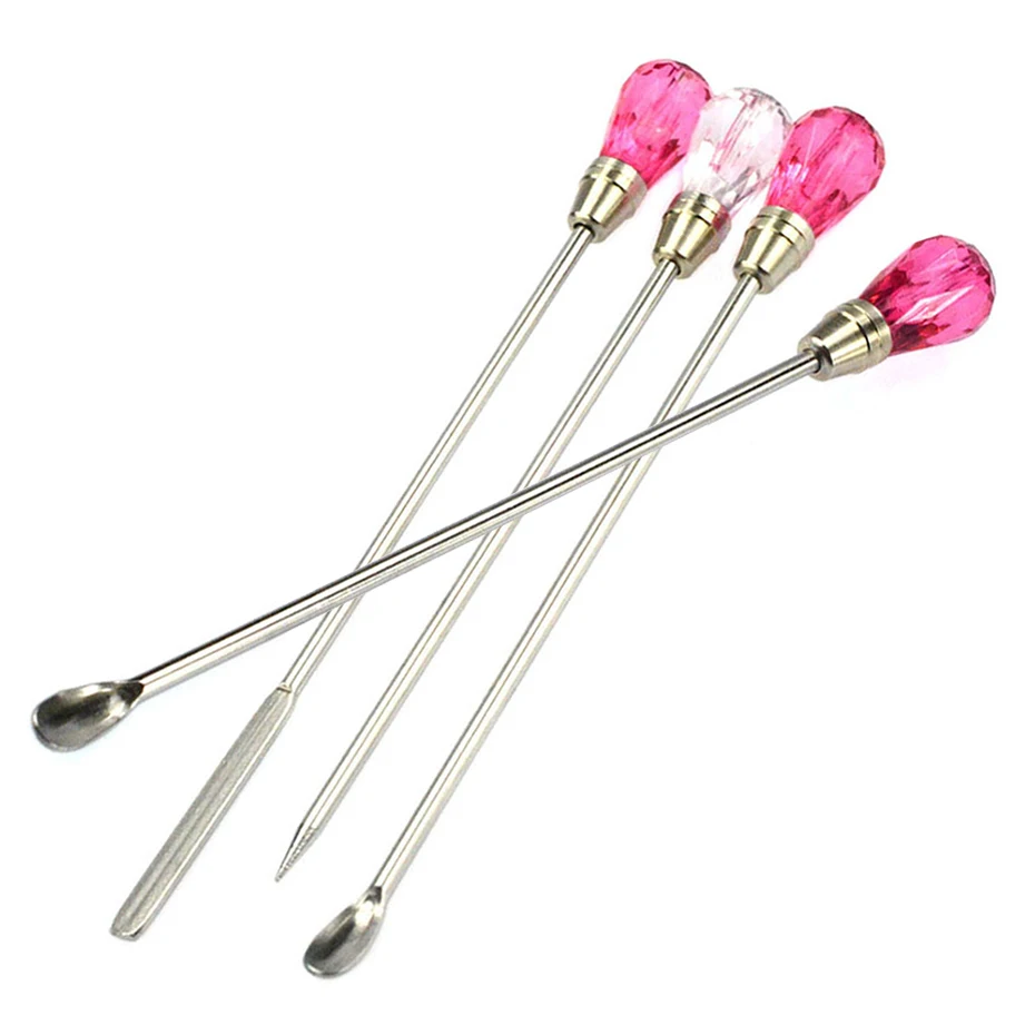 STZ 3pcs Stainless Steel Nail Art Stirring Rod Tool Powder Liquid Picking Spoon Crystal Handle Stir Stick for UV Gel Polish #320