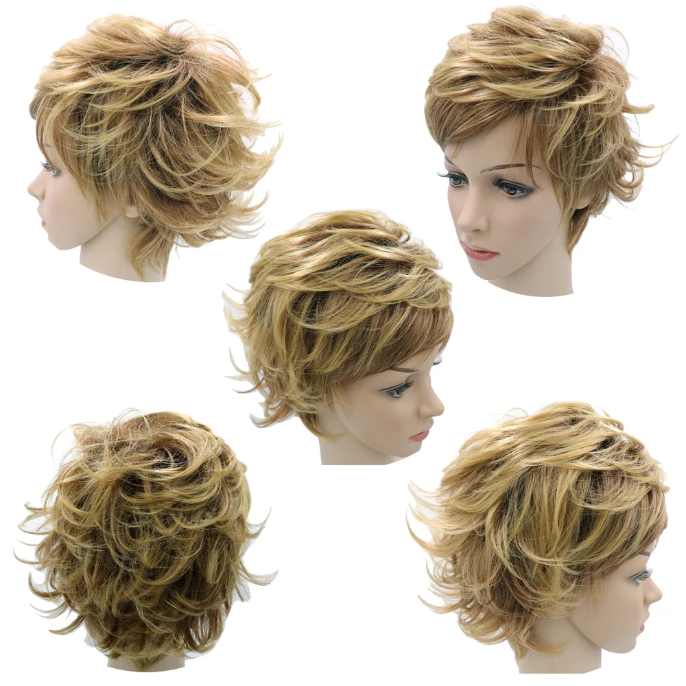

Women Stylish Short Curly Gold Hair Thick Wavy Haircut Cosplay Wig W/ Fringe