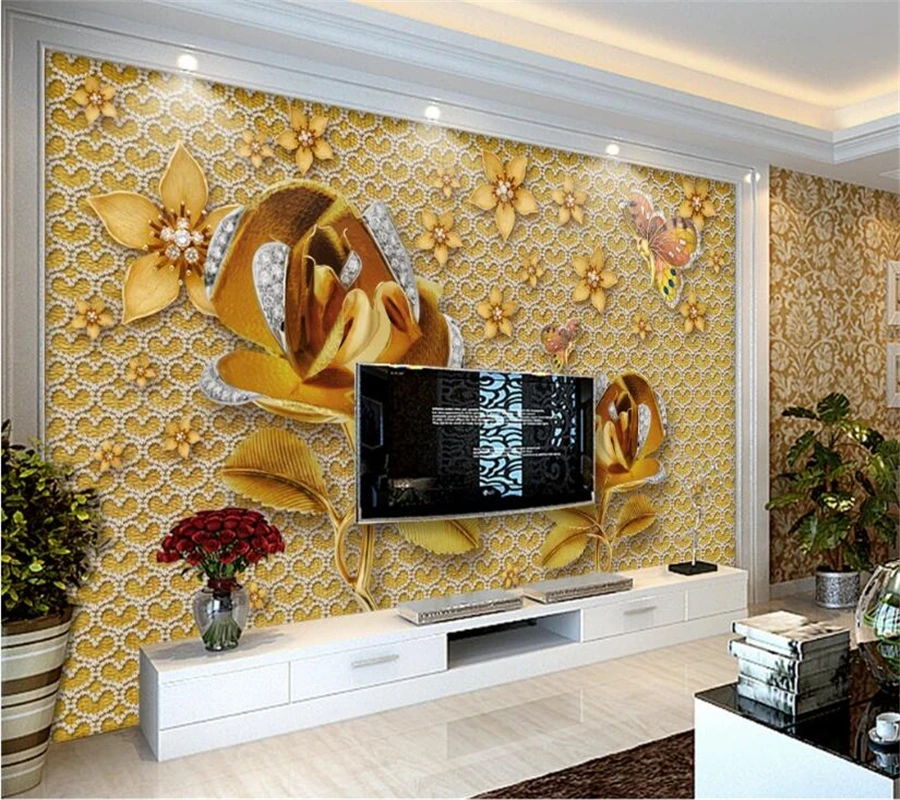3DBEIBEHANG High-end luxury diamond wall gold rose living room TV background custom fashion wallpaper decorative painting